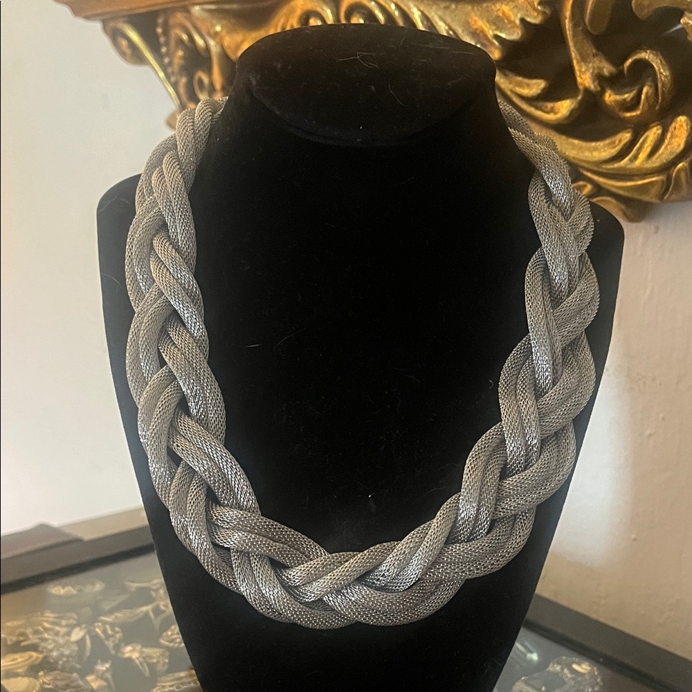 Big Chunky Braided Silver Tone Mesh Statement Necklace
